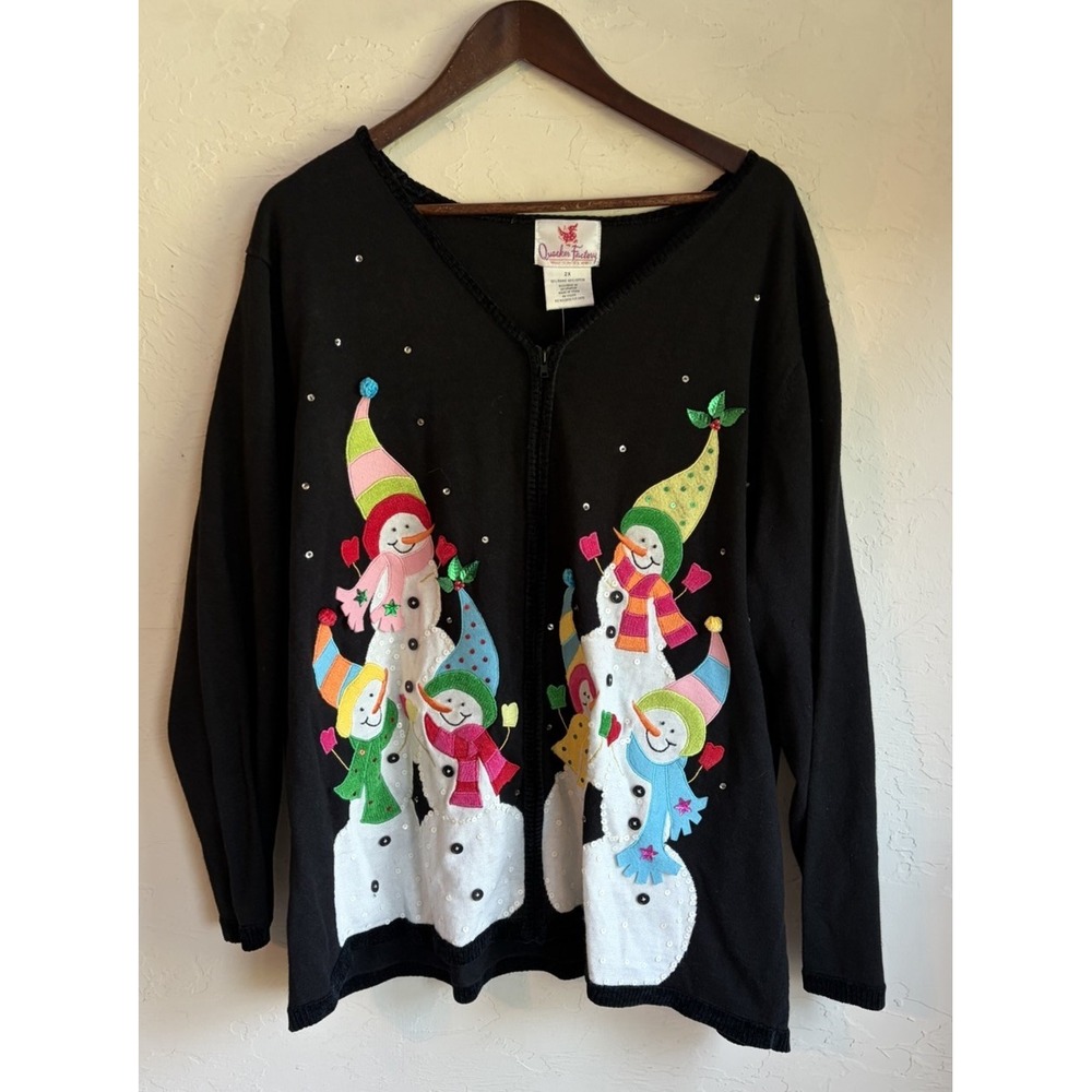 Quacker Factory Christmas Snowman Cardigan Sweater 2X NWT Novelty Appliqué Retro